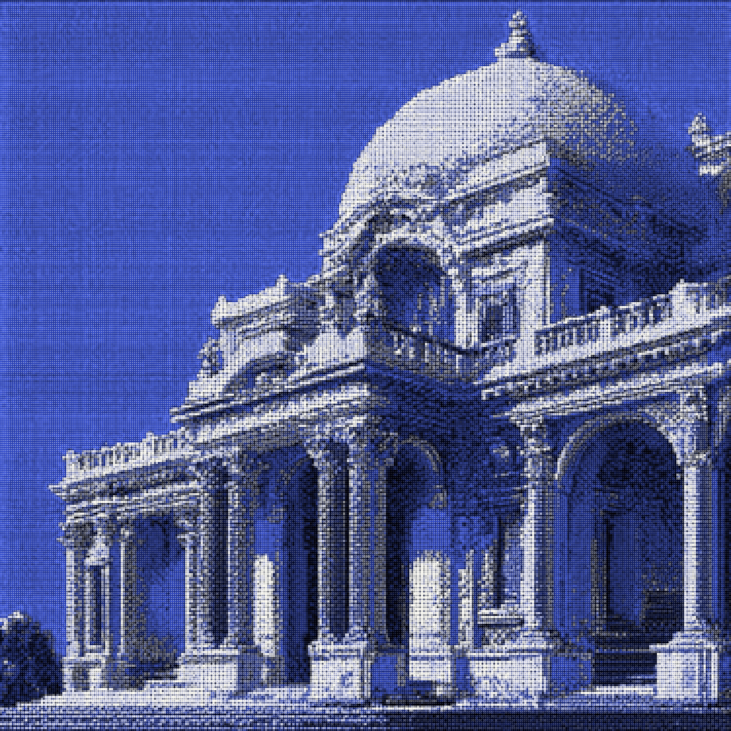 Dithered engraving of a domed baroque palace against deep blue.
